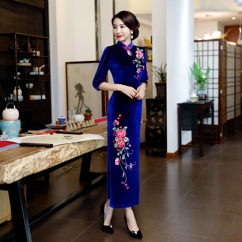 Long Authentic Pleuche Cheongsam Plus Size