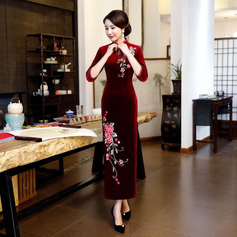 Long Authentic Pleuche Cheongsam Plus Size