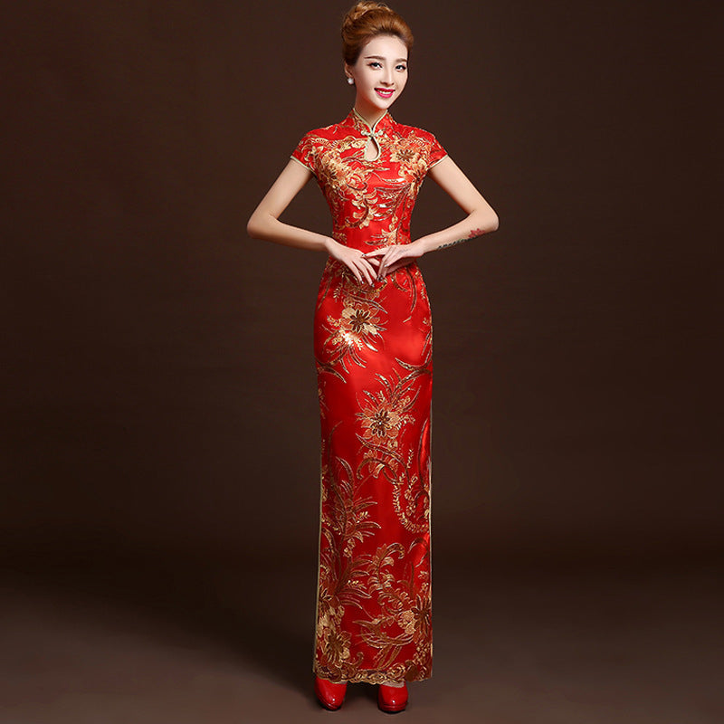 Red long banquet etiquette cheongsam