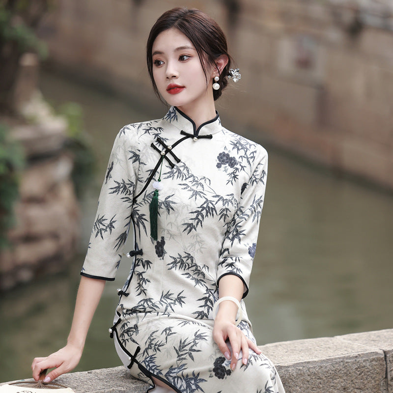 Printed High-end Elegant Slimming Cheongsam