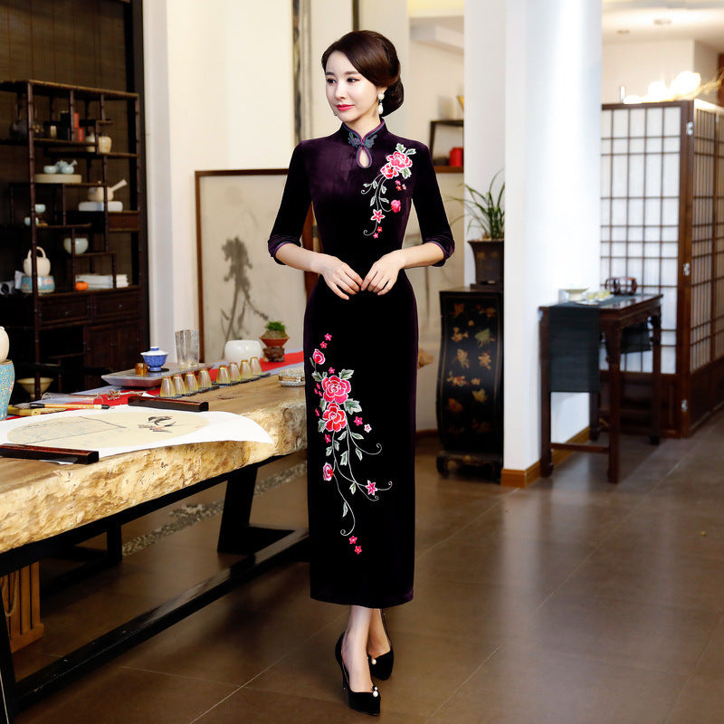 Long Authentic Pleuche Cheongsam Plus Size