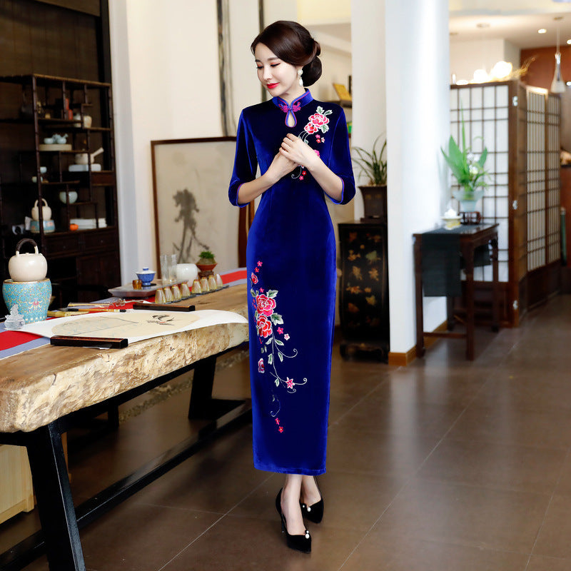 Long Authentic Pleuche Cheongsam Plus Size