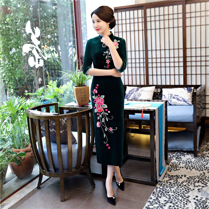 Long Authentic Pleuche Cheongsam Plus Size