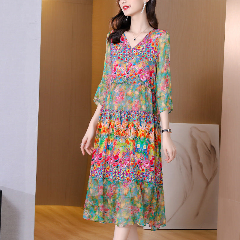 Women's Loose Print Silk Maxi Dress