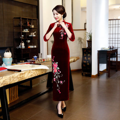 Long Authentic Pleuche Cheongsam Plus Size